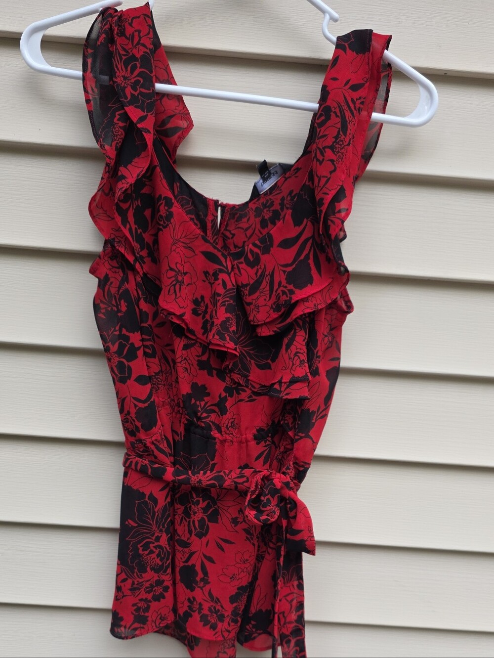 Express Red and Black Floral Ruffle Tie-Waist Camisole